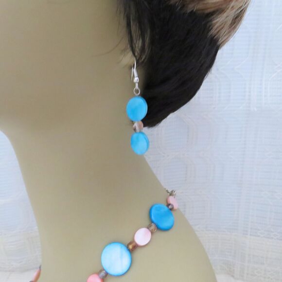 Handmade Blue and Pink Shell Jewelry Set, Y Necklace and Earrings Set For Women - Picture 7 of 10